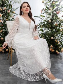 SHEIN Belle Plus Lantern Sleeve Floral Mesh Maxi Wedding Dress - White - View 4