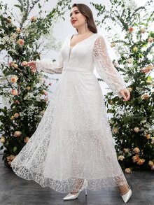 SHEIN Belle Plus Lantern Sleeve Floral Mesh Maxi Wedding Dress - White - View 7