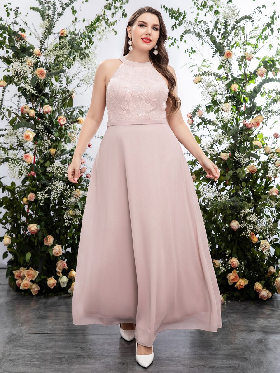 SHEIN Belle Plus Contrast Lace Sequin Decor Chiffon Formal Dress - Baby Pink - View 1