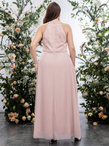 SHEIN Belle Plus Contrast Lace Sequin Decor Chiffon Formal Dress - Baby Pink - View 2