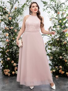 SHEIN Belle Plus Contrast Lace Sequin Decor Chiffon Formal Dress - Baby Pink - View 3