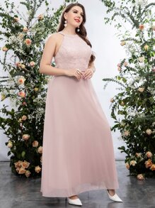 SHEIN Belle Plus Contrast Lace Sequin Decor Chiffon Formal Dress - Baby Pink - View 5