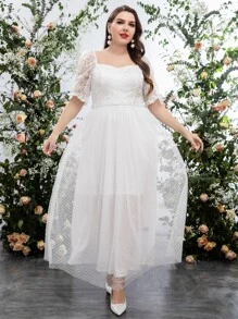 SHEIN Belle Plus Embroidery Polka Dot Mesh Wedding Dress - White - View 1