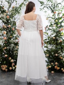 SHEIN Belle Plus Embroidery Polka Dot Mesh Wedding Dress - White - View 2