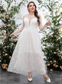 SHEIN Belle Plus Embroidery Mesh Puff Sleeve Wedding Dress - White - View 1