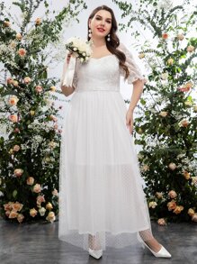 SHEIN Belle Plus Embroidery Polka Dot Mesh Wedding Dress - White - View 3