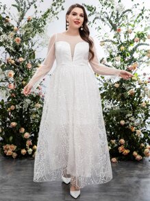 SHEIN Belle Plus Embroidery Mesh Puff Sleeve Wedding Dress - White - View 3