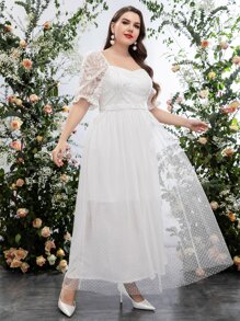 SHEIN Belle Plus Embroidery Polka Dot Mesh Wedding Dress - White - View 4