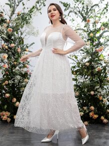 SHEIN Belle Plus Embroidery Mesh Puff Sleeve Wedding Dress - White - View 4