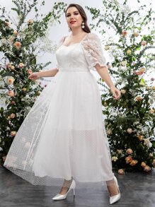 SHEIN Belle Plus Embroidery Polka Dot Mesh Wedding Dress - White - View 5