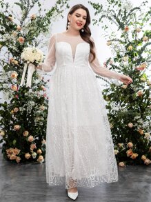 SHEIN Belle Plus Embroidery Mesh Puff Sleeve Wedding Dress - White - View 5