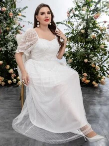 SHEIN Belle Plus Embroidery Polka Dot Mesh Wedding Dress - White - View 6