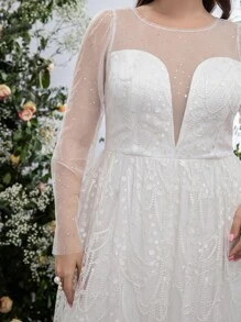 SHEIN Belle Plus Embroidery Mesh Puff Sleeve Wedding Dress - White - View 6