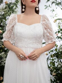 SHEIN Belle Plus Embroidery Polka Dot Mesh Wedding Dress - White - View 7