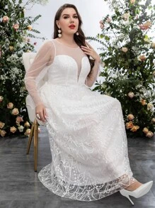 SHEIN Belle Plus Embroidery Mesh Puff Sleeve Wedding Dress - White - View 7