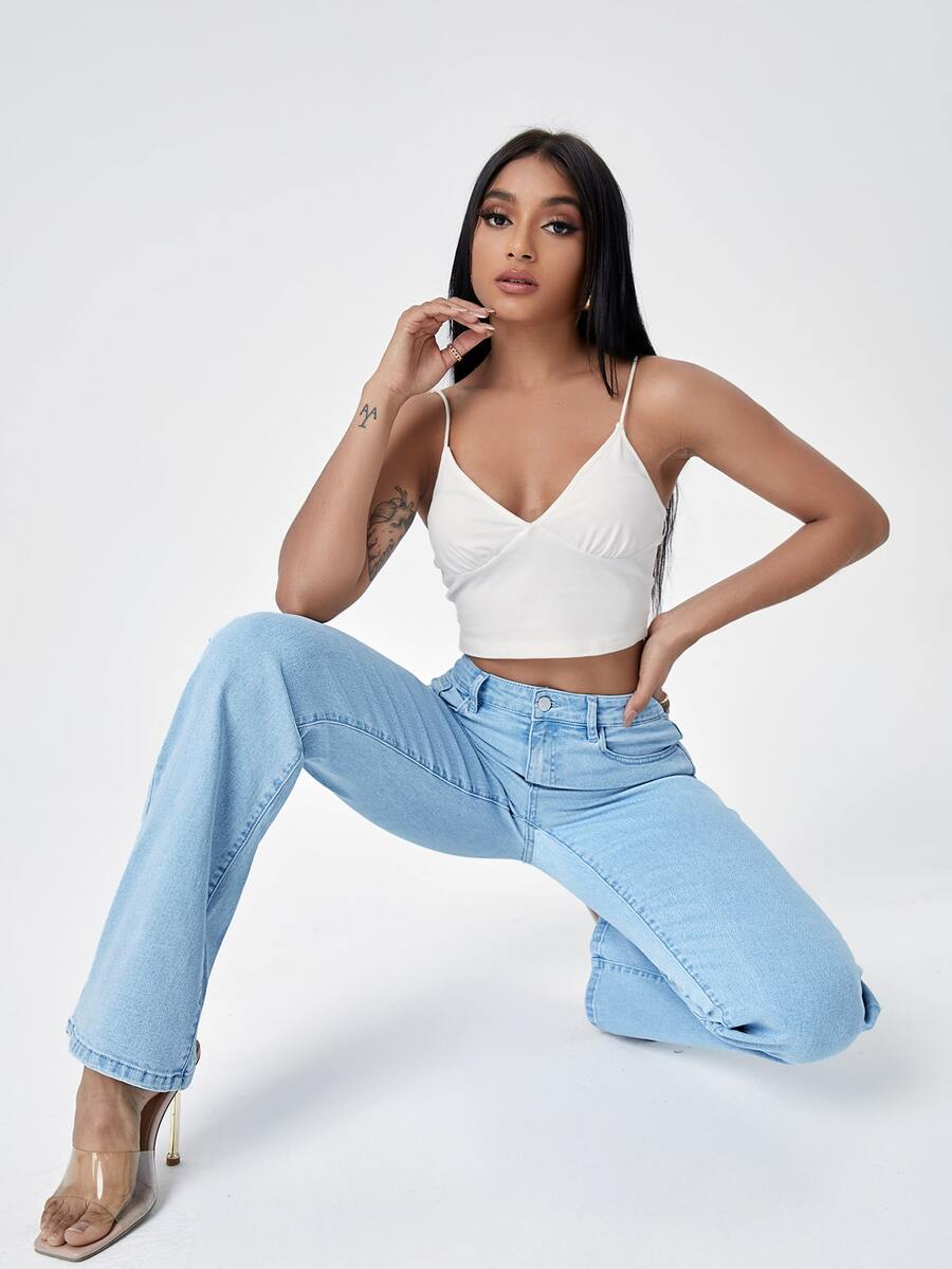 High Waisted Zip Fly Bootcut Jeans - Light Wash - View 1