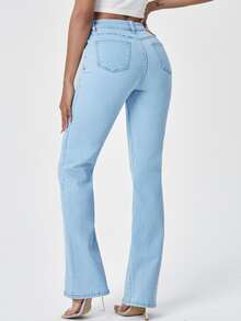 High Waisted Zip Fly Bootcut Jeans - Light Wash - View 2