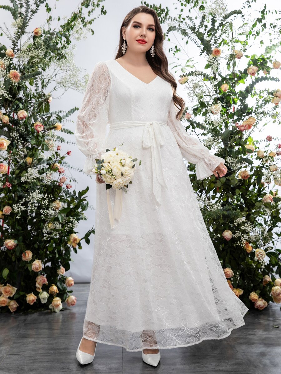 SHEIN Belle 大碼荷葉袖腰帶蕾絲婚紗洋裝