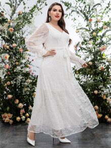 SHEIN Belle 大碼荷葉袖腰帶蕾絲婚紗洋裝