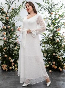 SHEIN Belle 大碼荷葉袖腰帶蕾絲婚紗洋裝