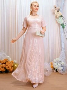 SHEIN Belle 大碼後拉鏈亮片伴娘連衣裙 - 粉色 - 查看 1