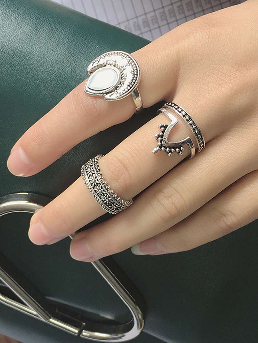 4 piezas Anillo con diseño de gota de agua - Plata antigua - Ver 1