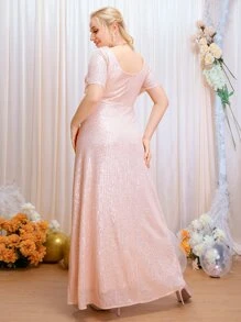 SHEIN Belle 大碼後拉鏈亮片伴娘連衣裙 - 粉色 - 查看 2