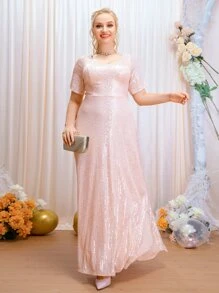 SHEIN Belle 大碼後拉鏈亮片伴娘連衣裙 - 粉色 - 查看 3