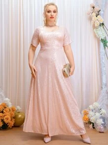 SHEIN Belle 大碼後拉鏈亮片伴娘連衣裙 - 粉色 - 查看 4