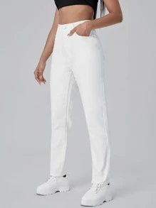 SHEIN EZwear Quần jean nữ Nút Túi Dây kéo màu trơn - trắng - Xem 3