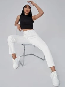 SHEIN EZwear Quần jean nữ Nút Túi Dây kéo màu trơn - trắng - Xem 5
