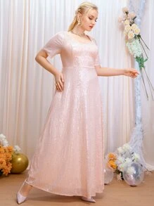 SHEIN Belle 大碼後拉鏈亮片伴娘連衣裙 - 粉色 - 查看 6