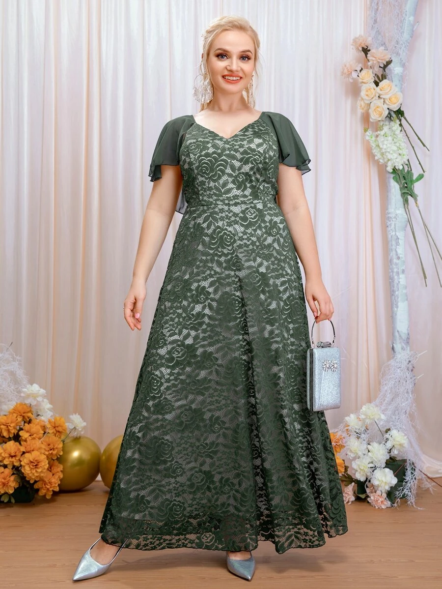 SHEIN Belle Vestido de dama de honor ribete con fruncido con encaje floral maxi - Verde - Ver 1