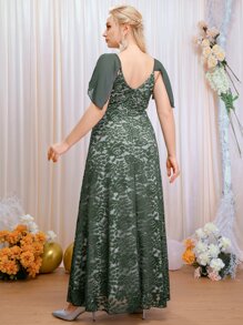 SHEIN Belle Vestido de dama de honor ribete con fruncido con encaje floral maxi - Verde - Ver 2