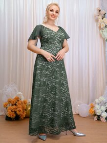SHEIN Belle Vestido de dama de honor ribete con fruncido con encaje floral maxi - Verde - Ver 3