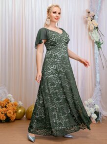 SHEIN Belle Vestido de dama de honor ribete con fruncido con encaje floral maxi - Verde - Ver 4