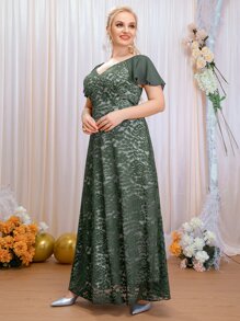 SHEIN Belle Vestido de dama de honor ribete con fruncido con encaje floral maxi - Verde - Ver 5