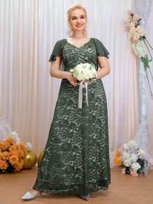 SHEIN Belle Vestido de dama de honor ribete con fruncido con encaje floral maxi - Verde - Ver 6