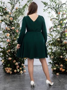 SHEIN LUNE Plus Surplice Neck Lantern Sleeve Belted Dress - Dark Green - View 2