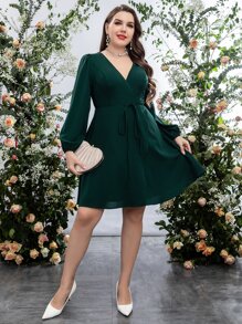 SHEIN LUNE Plus Surplice Neck Lantern Sleeve Belted Dress - Dark Green - View 5