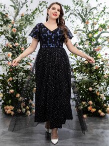 SHEIN Belle Vestido de vestir con diamante de imitación bajo con malla con encaje - Negro - Ver 1