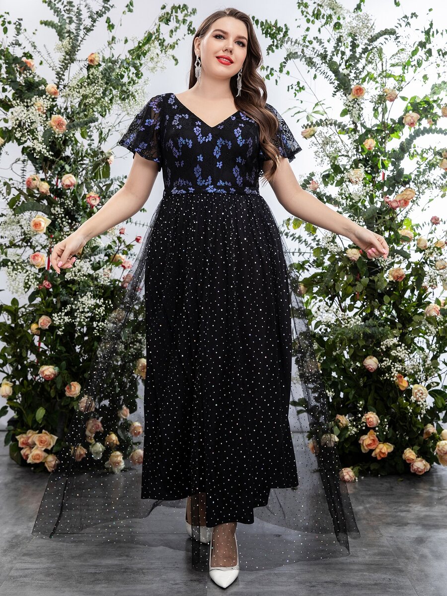 SHEIN Belle Vestido de vestir con diamante de imitación bajo con malla con encaje - Negro - Ver 1