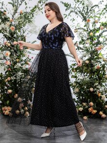 SHEIN Belle Vestido de vestir con diamante de imitación bajo con malla con encaje - Negro - Ver 4