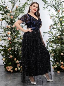 SHEIN Belle Vestido de vestir con diamante de imitación bajo con malla con encaje - Negro - Ver 7