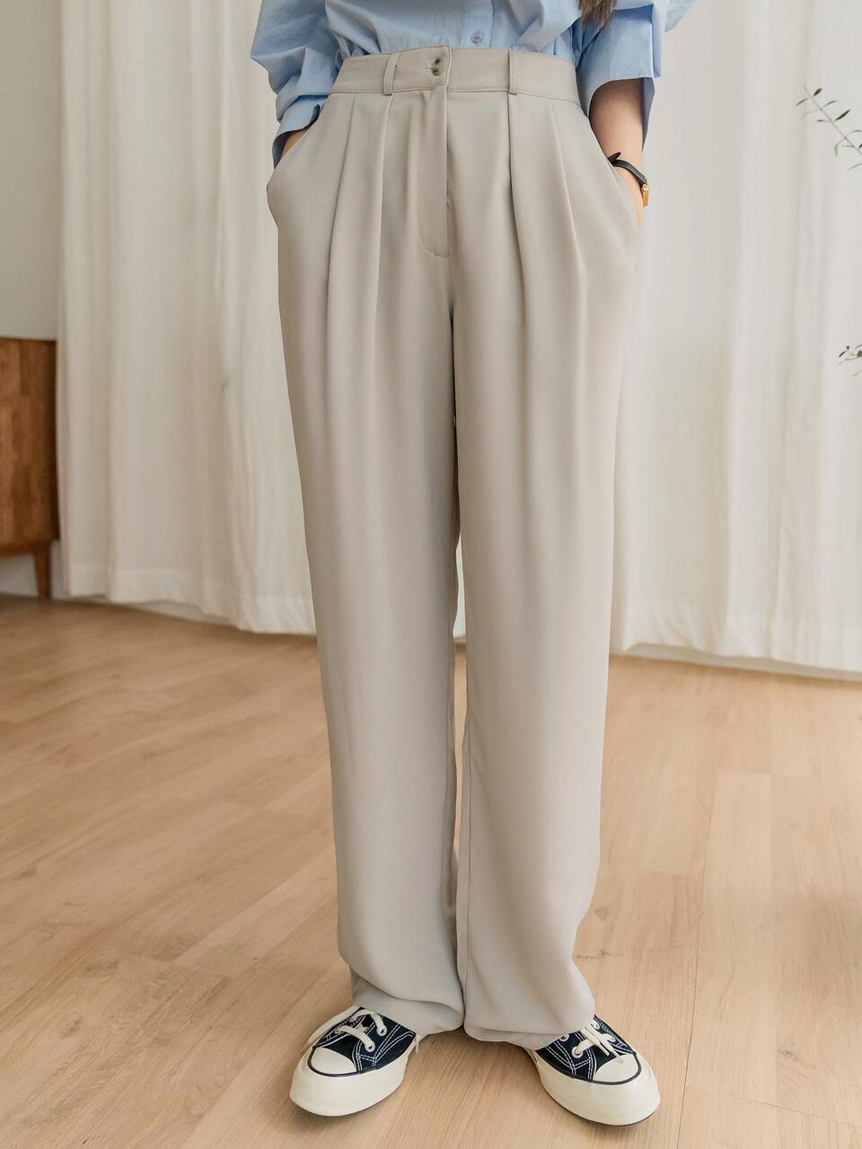Fold Pleated Slant Pocket Pants