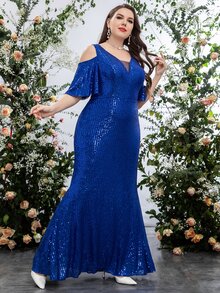 SHEIN Belle Hơn Vai lạnh Lưới tương phản Kim sa Đầm - Xanh đậm - Xem 3