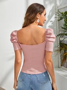 SHEIN Puff Sleeve Rib-knit Tee - Dusty Pink - View 2