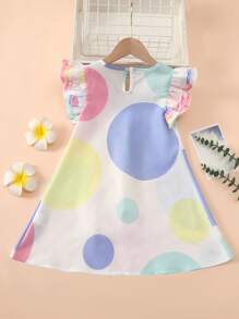 小女童幾何印花撞色前蝴蝶結多層邊連衣裙 - 彩色 - 查看 2
