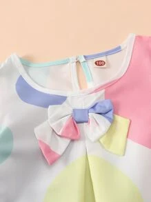 小女童幾何印花撞色前蝴蝶結多層邊連衣裙 - 彩色 - 查看 3