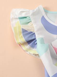 小女童幾何印花撞色前蝴蝶結多層邊連衣裙 - 彩色 - 查看 4